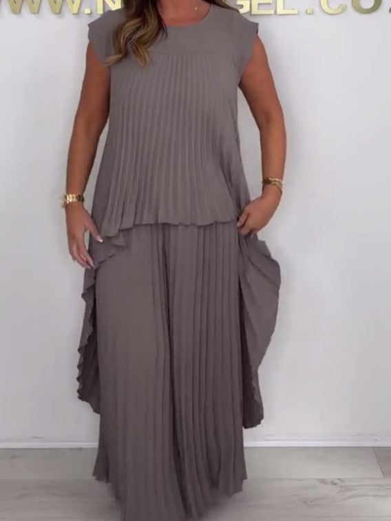 Nelia - Casual Set with Short Sleeve Midi Top and Elastic Waist Pants