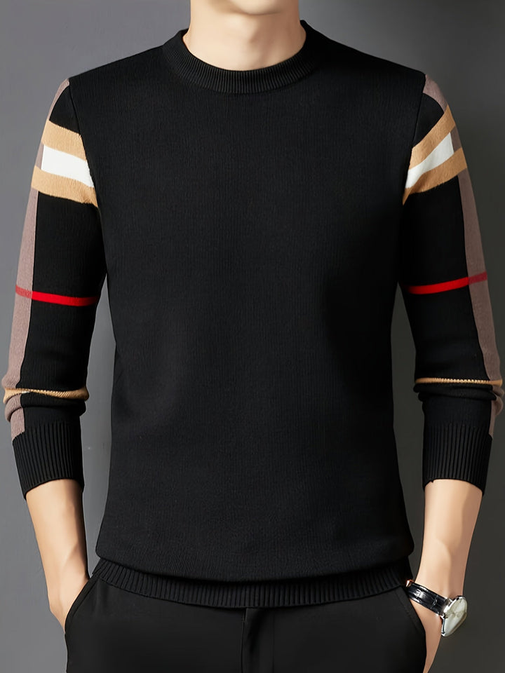 Men’s Colourblock Stripe Sweater | Casual Crewneck with Arm Detail