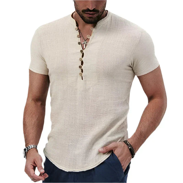 Men’s Short Sleeve Henley | Lightweight Cotton-Linen Blend | Casual Slim Fit Tee