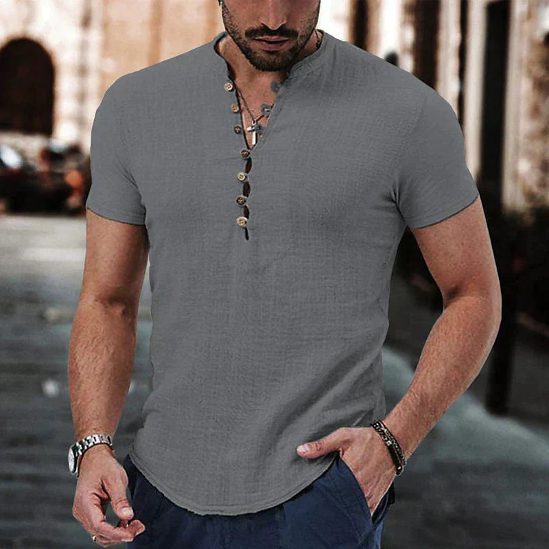 Men’s Short Sleeve Henley | Lightweight Cotton-Linen Blend | Casual Slim Fit Tee