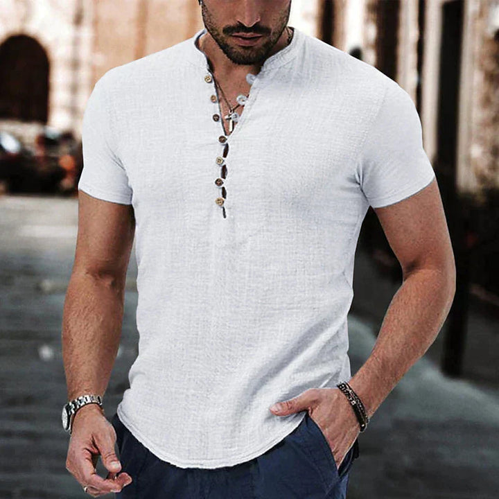 Men’s Short Sleeve Henley | Lightweight Cotton-Linen Blend | Casual Slim Fit Tee