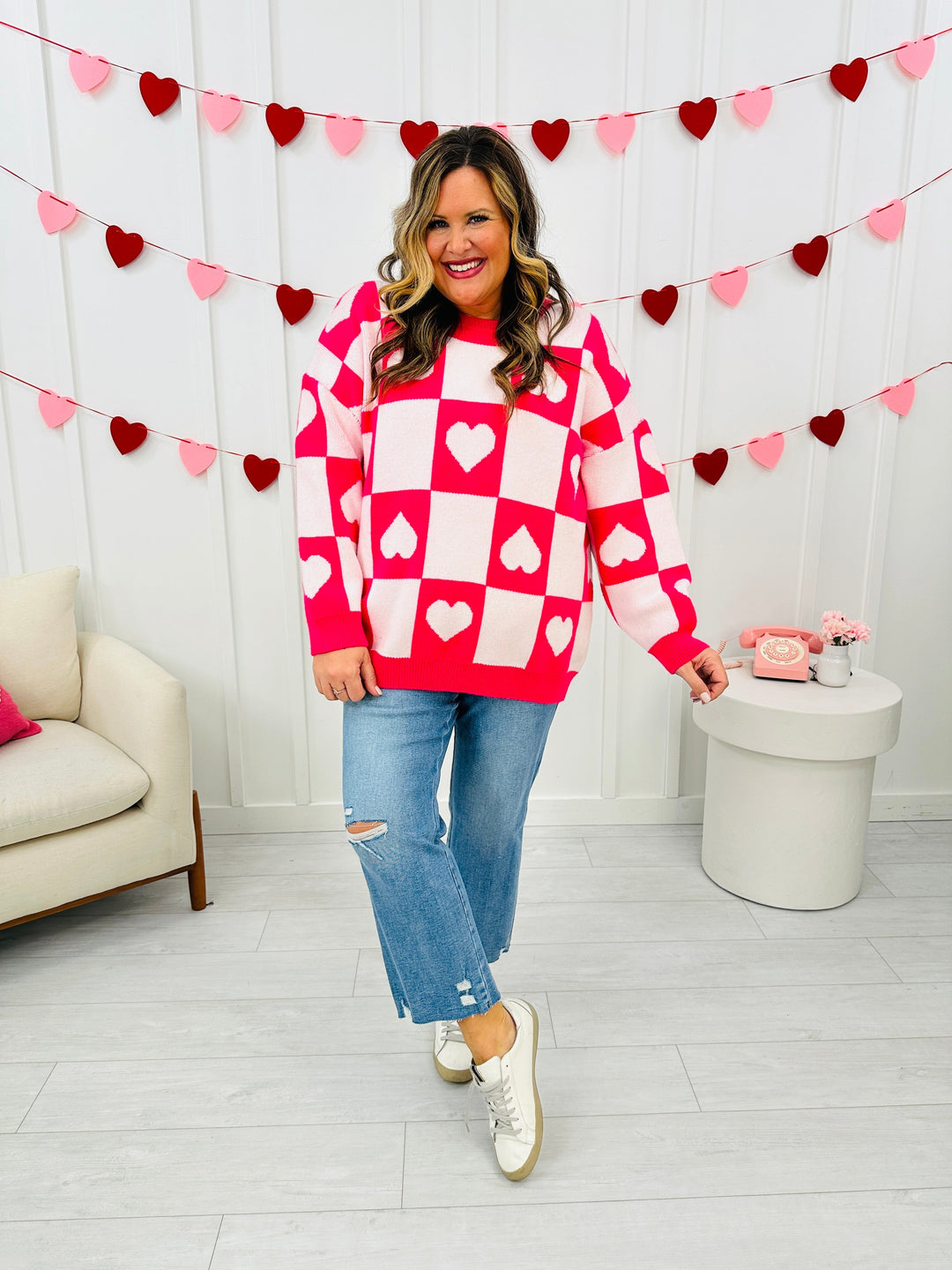Ottilie - Valentine's Day Sweater with Checkered Hearts