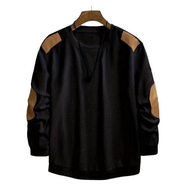 Men’s Black Casual Pullover | Contrast Shoulder & Elbow Patch Sweatshirt | Relaxed Fit