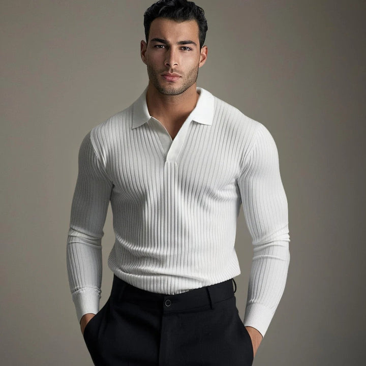 Men’s Ribbed Knit Polo Sweater | Slim Fit | Elevated Smart Casual Long Sleeve