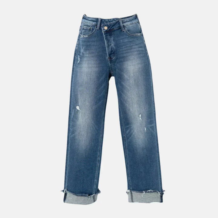 Straight-Leg Cuffed Jeans | Mid-Wash Denim | Rolled Hem Detail
