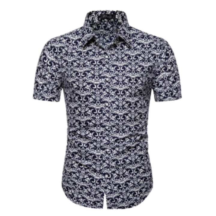 Men’s Navy Printed Short Sleeve Shirt | Button-Up Casual Summer Top | Slim Fit