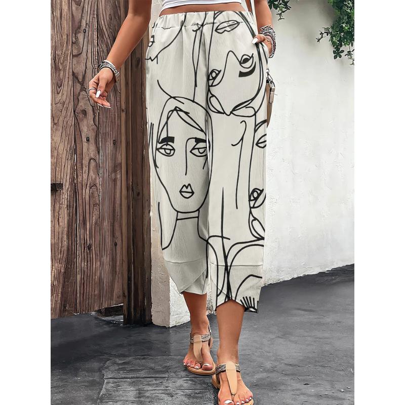 Women's Abstract Face Print Wide-Leg Pants | Lightweight High-Waisted Trousers | Casual Art-Inspired Style