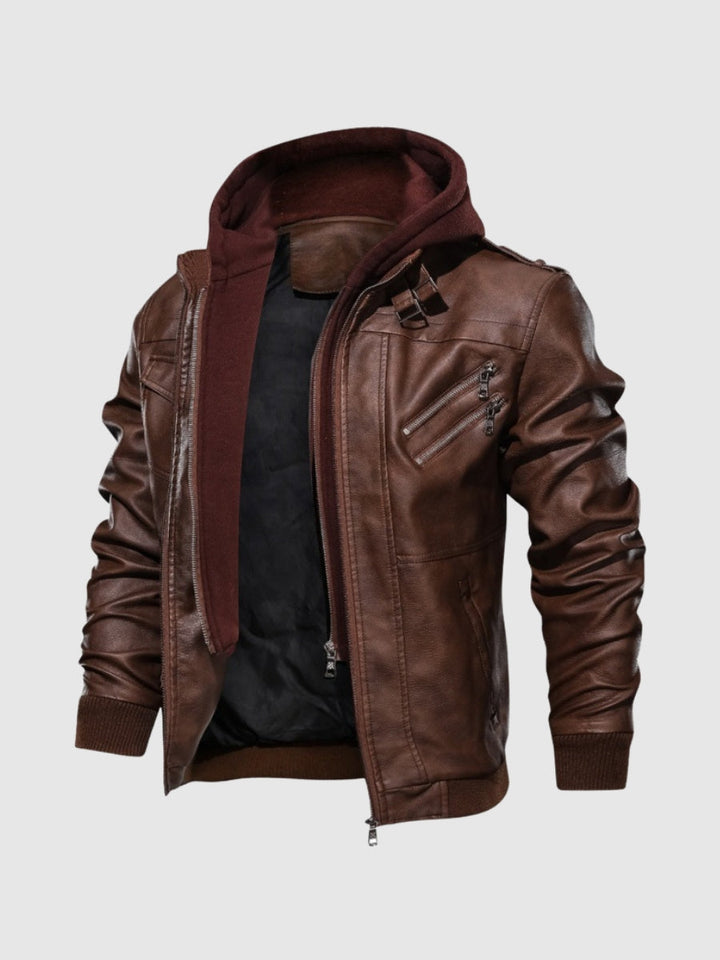 Men’s Faux Leather Hooded Jacket | Ribbed Trim & Zip Pockets | Midweight Fall Outerwear