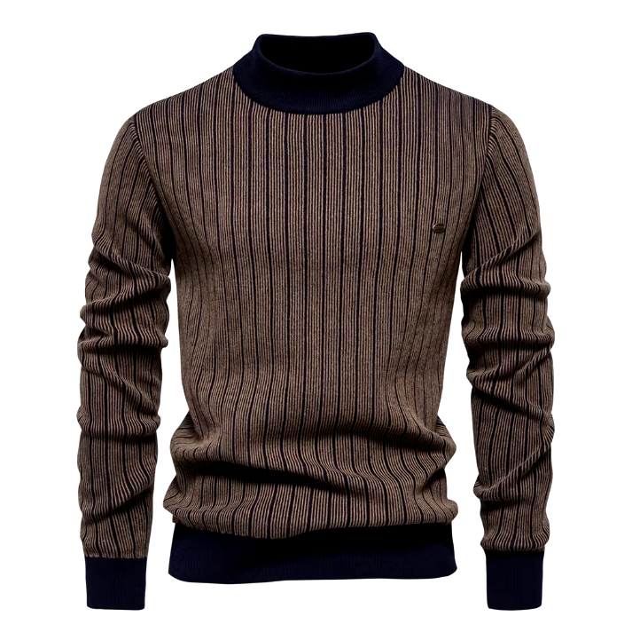 Men’s Striped Knit Sweater | Ribbed Texture | Contrast Trim Crewneck