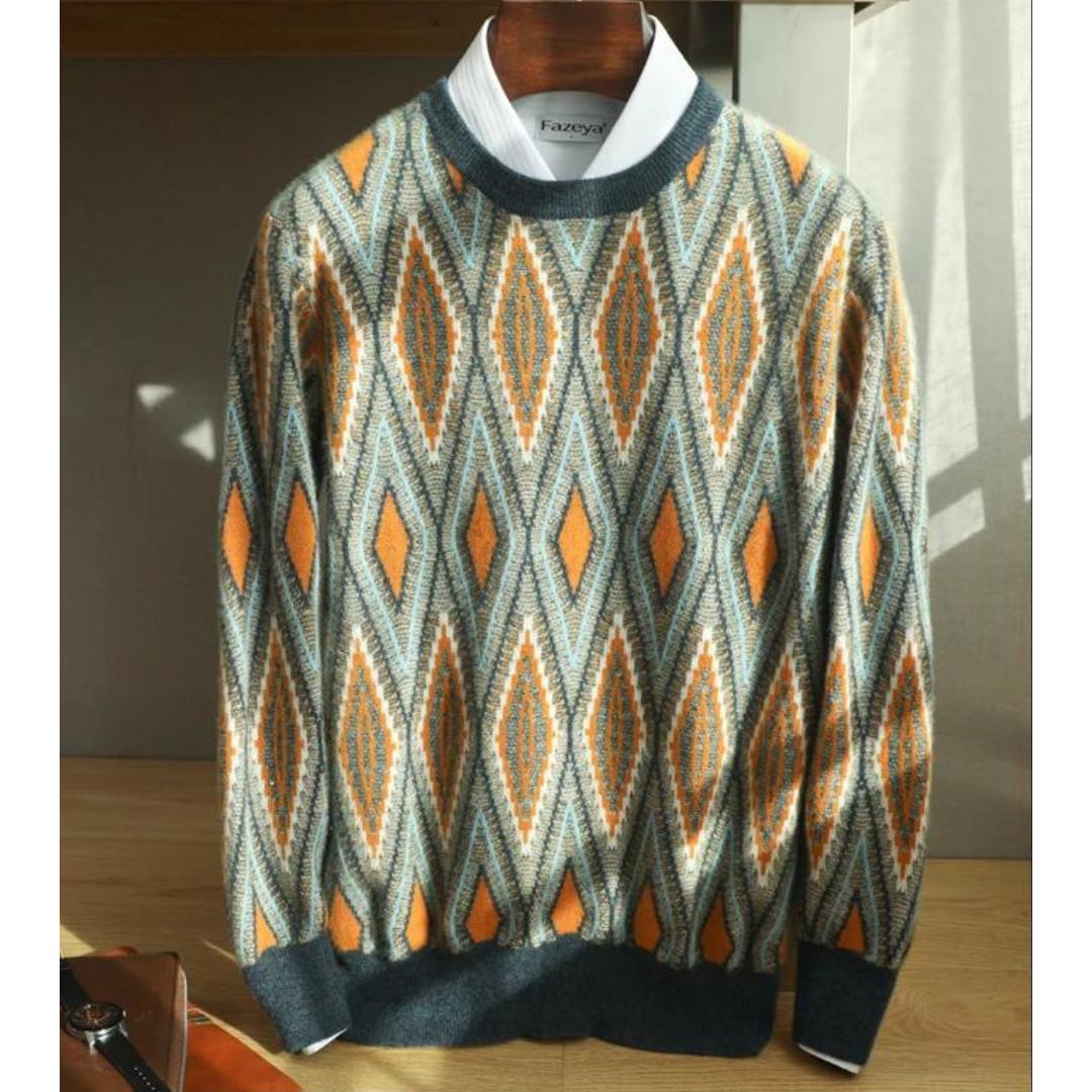 Men’s Retro Knit Sweater | Diamond Pattern Crewneck | Soft Midweight Pullover