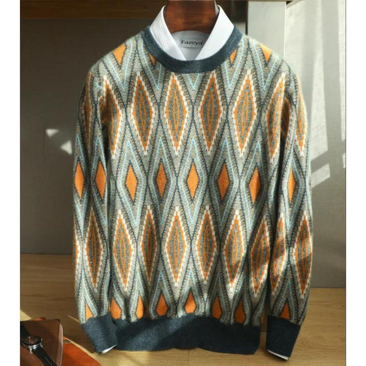 Men’s Retro Knit Sweater | Diamond Pattern Crewneck | Soft Midweight Pullover