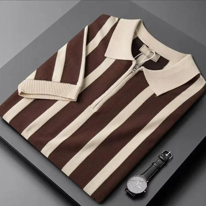 Men’s Striped Half-Zip Polo Shirt | Retro Knit Design | Summer Smart-Casual