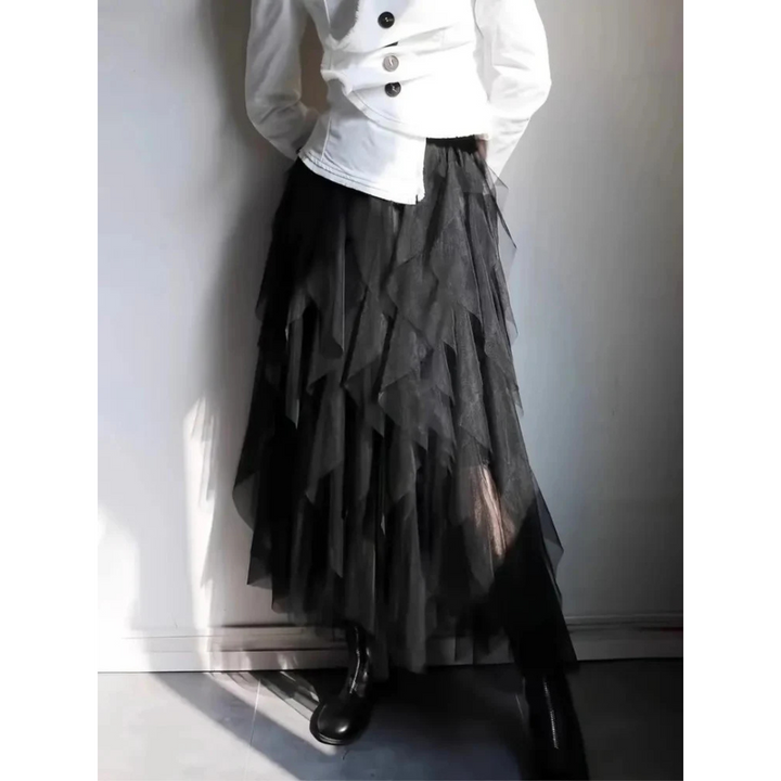 Ruffled Tulle Midi Skirt | Layered Mesh Volume | Asymmetrical Hem