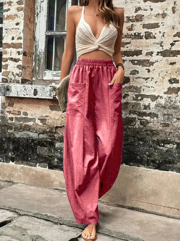 High-Waisted Wide-Leg Pants | Lightweight Linen Blend | Elastic Waist & Pockets