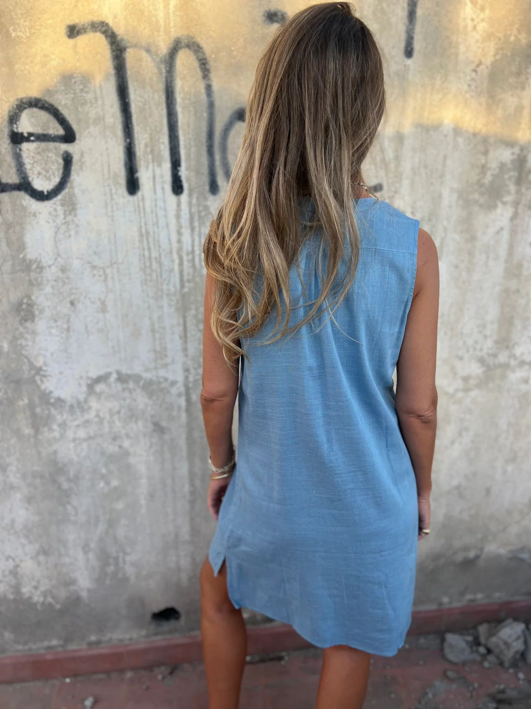 Nerelle - Robe décontractée en coton et lin avec col en V et poche latérale