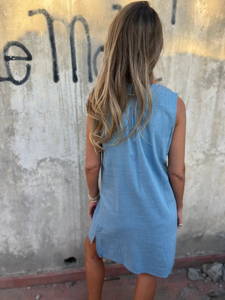 Nerelle - Robe décontractée en coton et lin avec col en V et poche latérale