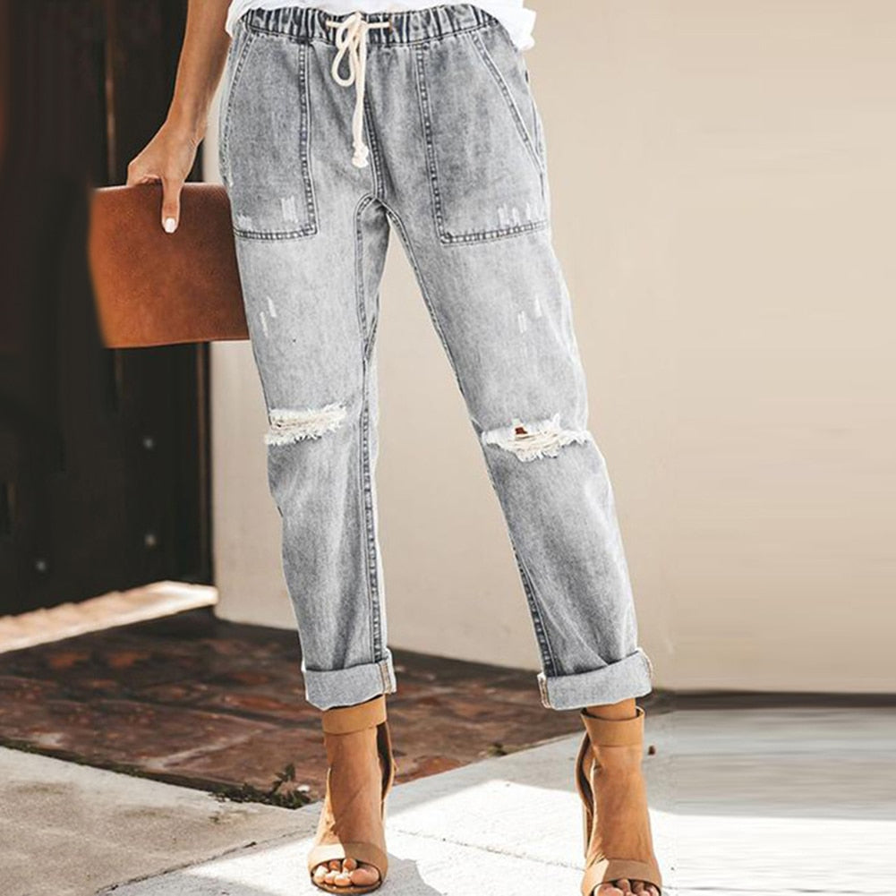 Pantalon de jogging en denim délavé | Jean décontracté à taille élastiquée avec cordon de serrage | Coupe streetwear décontractée