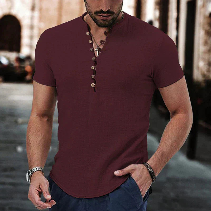 Men’s Short Sleeve Henley | Lightweight Cotton-Linen Blend | Casual Slim Fit Tee