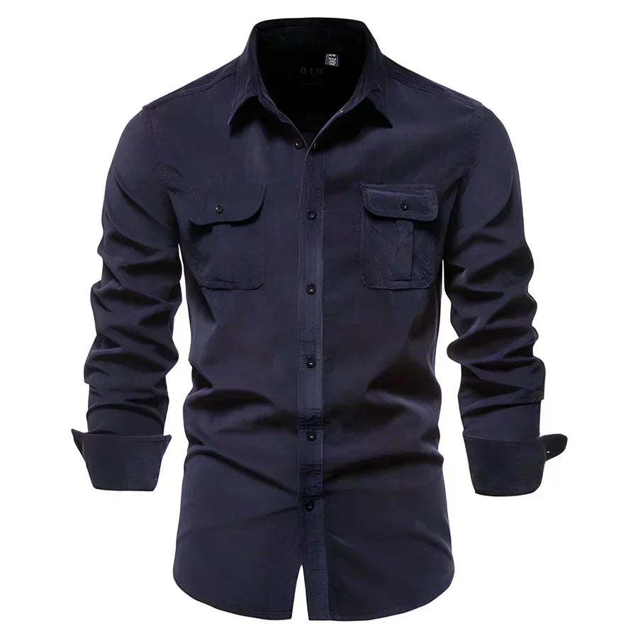 Men’s Corduroy Button-Up Shirt | Casual Long Sleeve | Utility Pocket Design