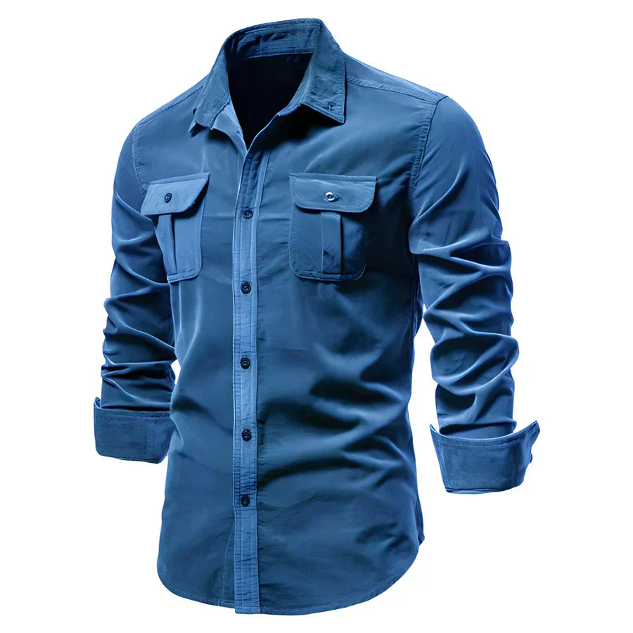 Men’s Corduroy Button-Up Shirt | Casual Long Sleeve | Utility Pocket Design