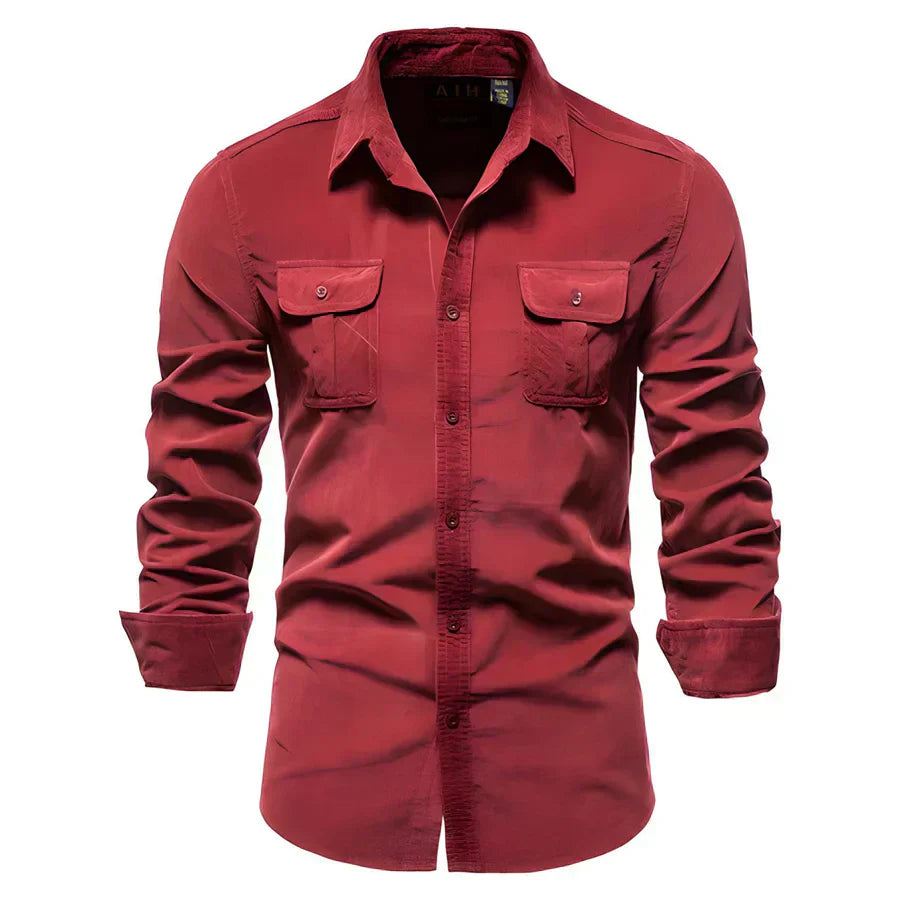 Men’s Corduroy Button-Up Shirt | Casual Long Sleeve | Utility Pocket Design