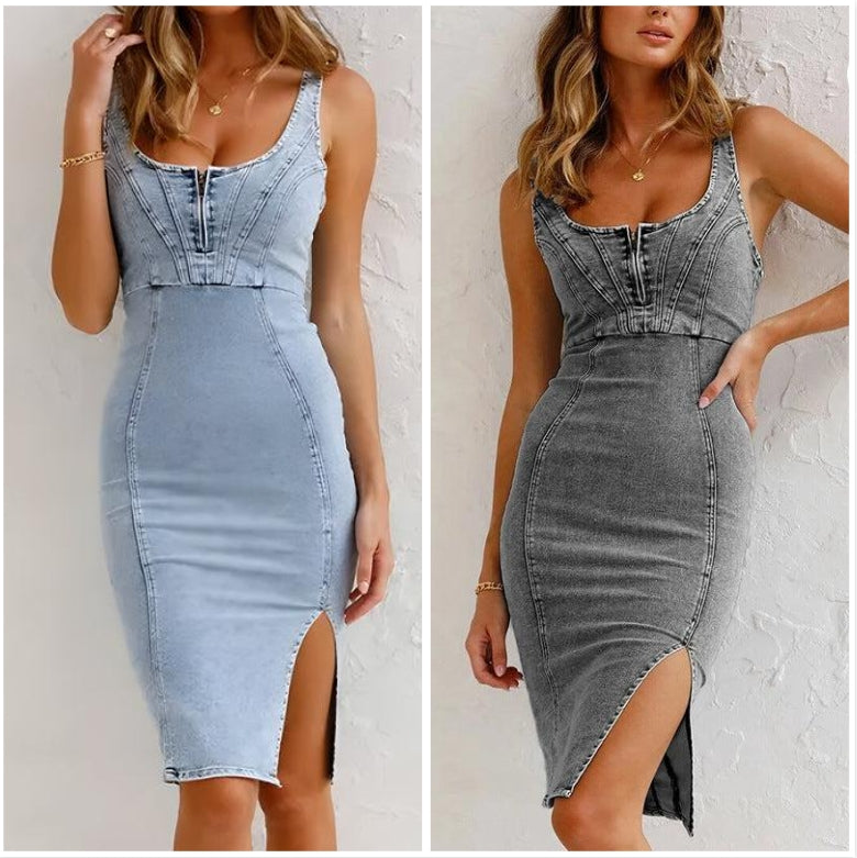 Estelle - Denim Bodycon Dress with Adjustable Straps and U-Neckline and Slit