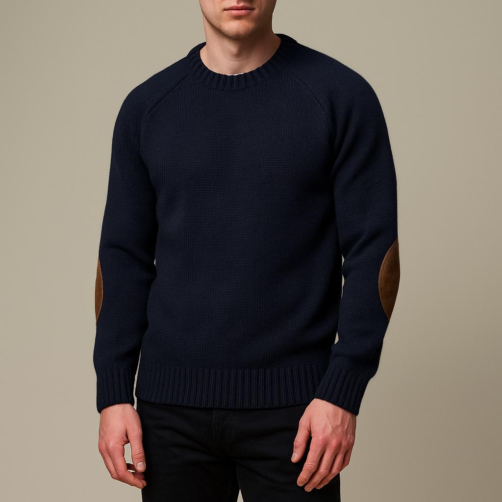 Men's Crewneck Knit Sweater | Suede Elbow Patches | Classic Winter Style