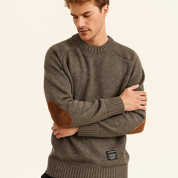 Men's Crewneck Knit Sweater | Suede Elbow Patches | Classic Winter Style
