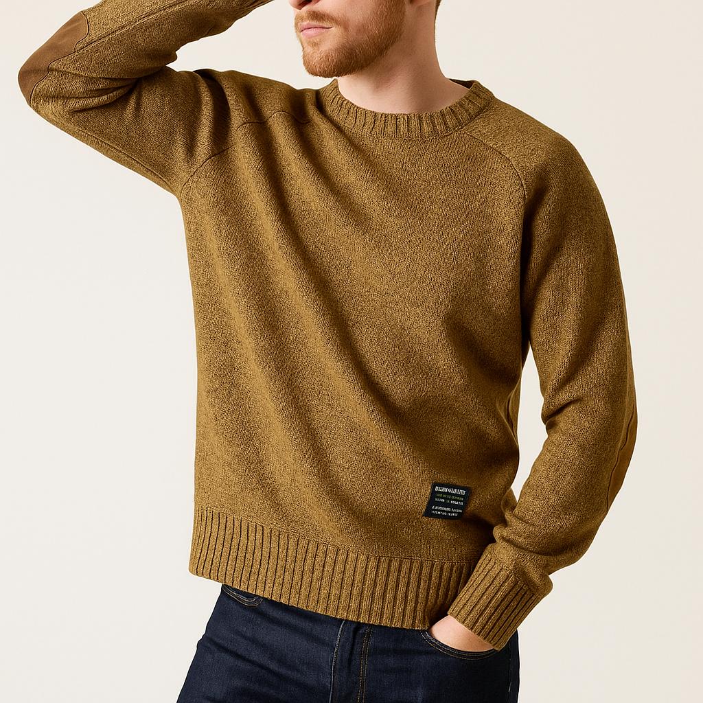 Men's Crewneck Knit Sweater | Suede Elbow Patches | Classic Winter Style