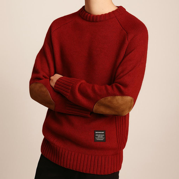 Men's Crewneck Knit Sweater | Suede Elbow Patches | Classic Winter Style