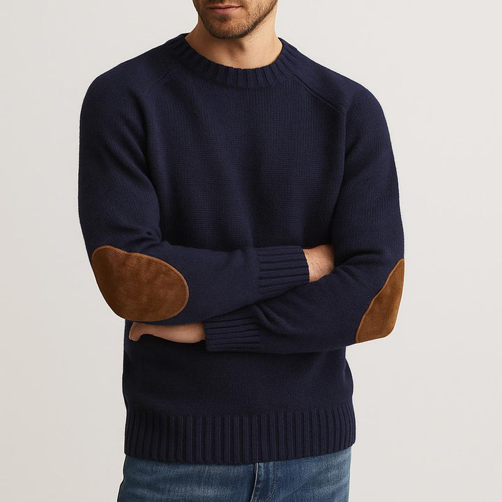 Men's Crewneck Knit Sweater | Suede Elbow Patches | Classic Winter Style
