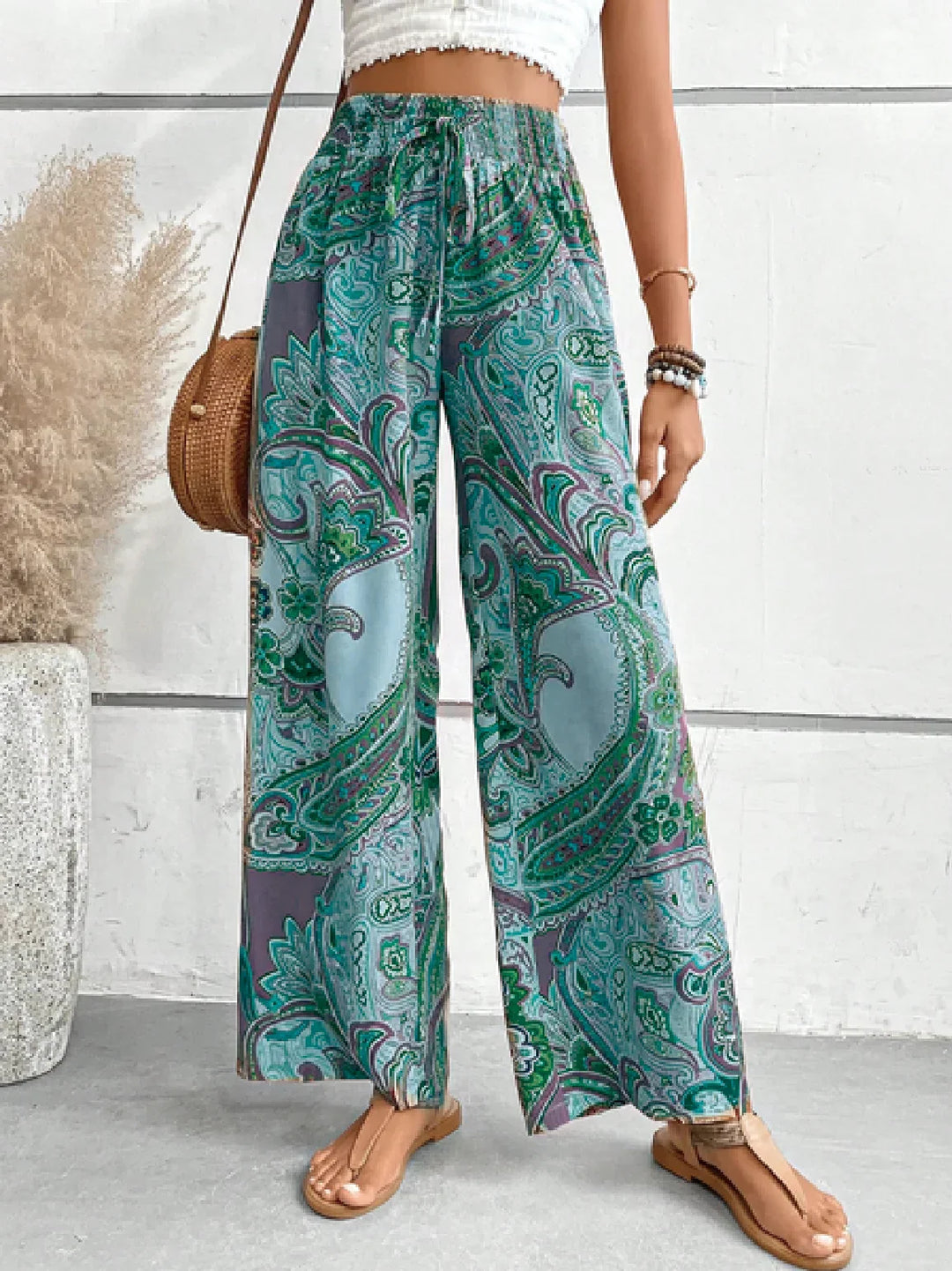 Women's Paisley Print Wide-Leg Pants | High-Waisted Lightweight Trousers | Boho Summer Outfit