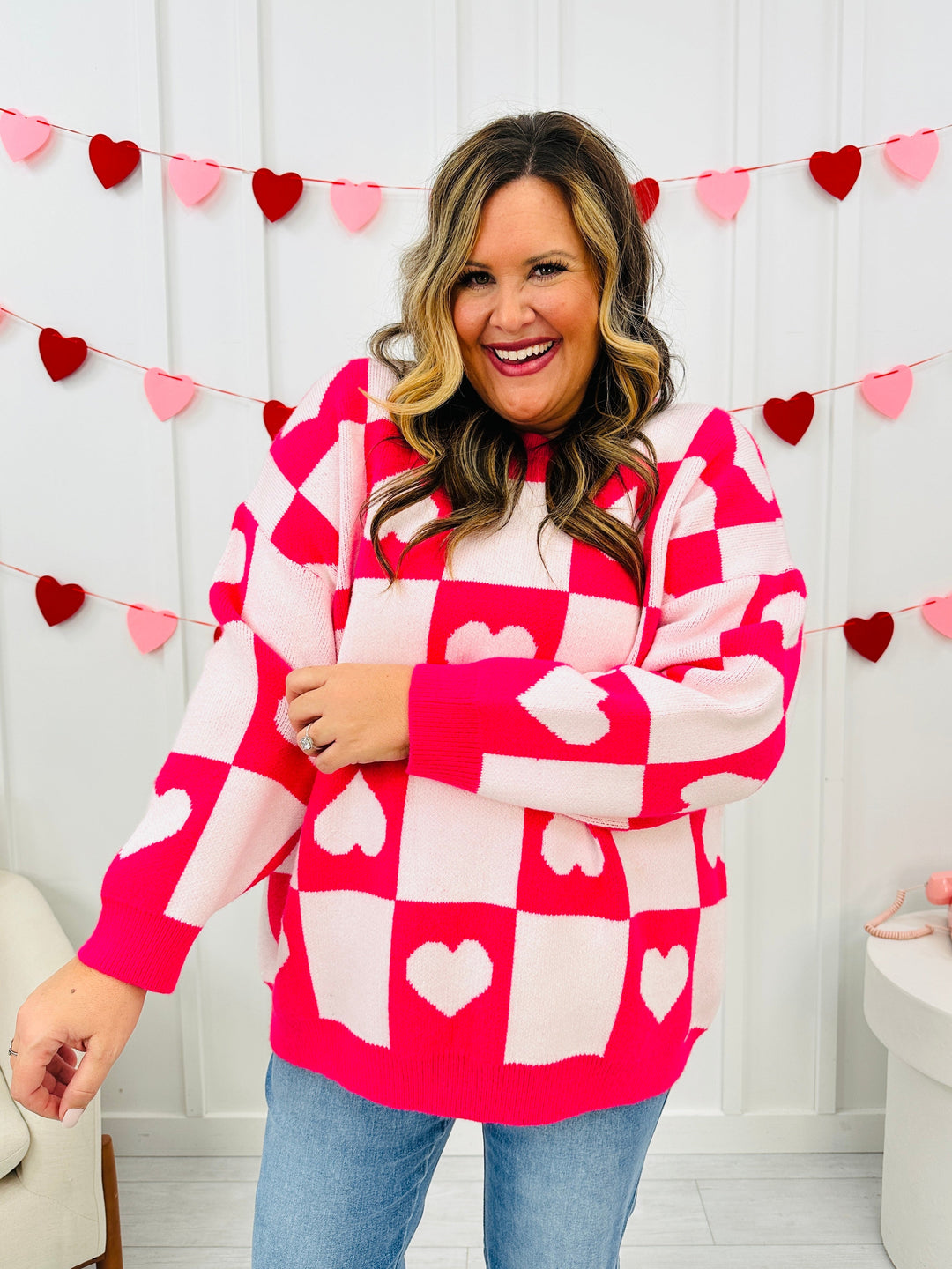 Ottilie - Valentine's Day Sweater with Checkered Hearts