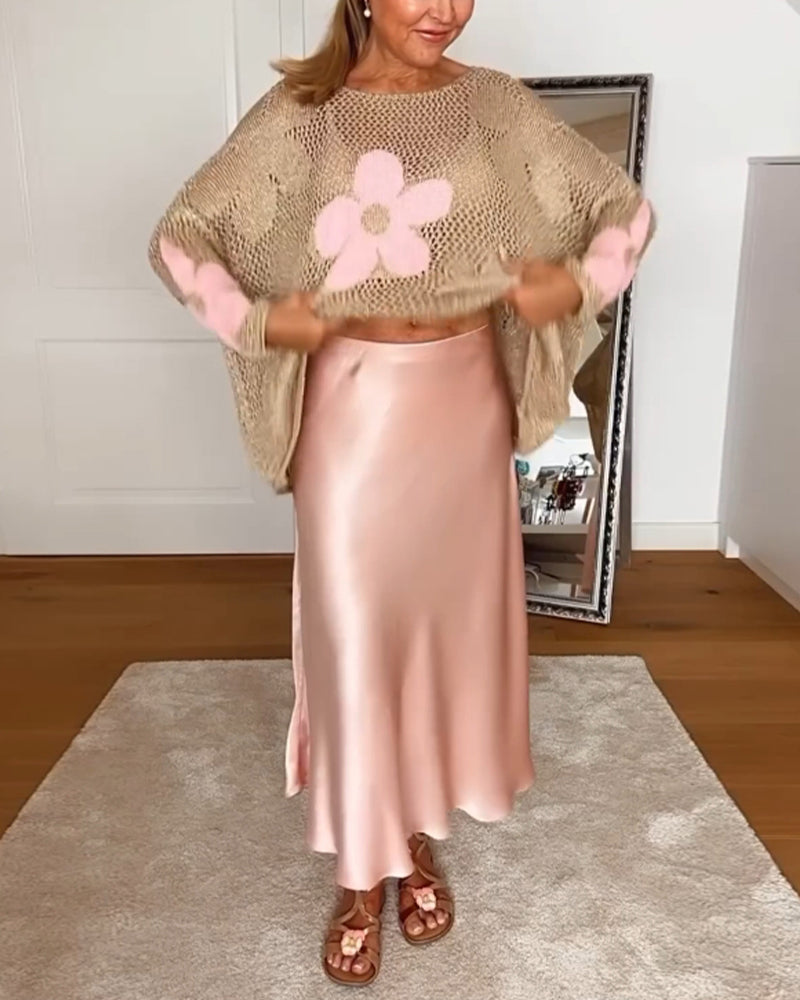 Sasha - Floral knit sweater with long openwork sleeves