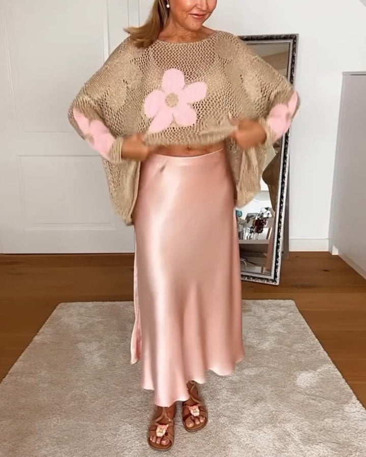 Sasha - Floral knit sweater with long openwork sleeves