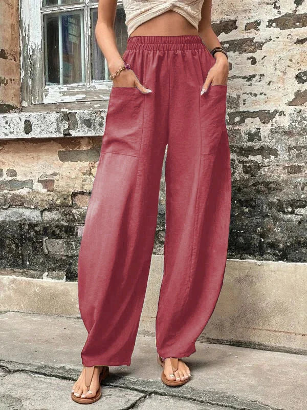 High-Waisted Wide-Leg Pants | Lightweight Linen Blend | Elastic Waist & Pockets