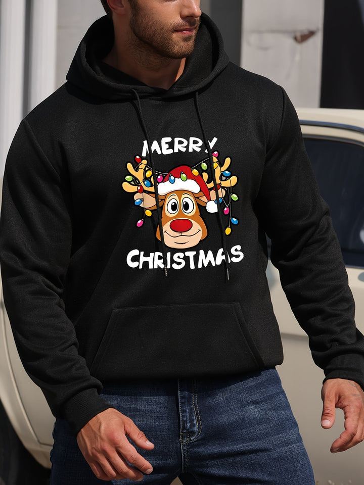 Men's Holiday Hoodie | Graphic Reindeer Print | Fleece Pullover Fit