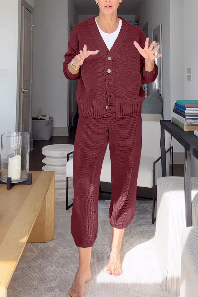 Marielle - Women's casual V-neck waffle texture set