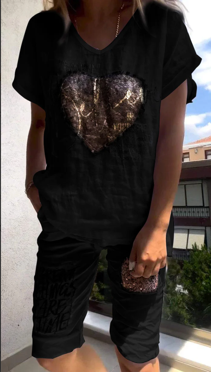 Anitra - Casual Two Piece V-Neck Set with Gold Embossed