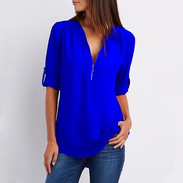 Quelina - Loose-Fitting 3/4 Sleeve Zip-Up Blouse