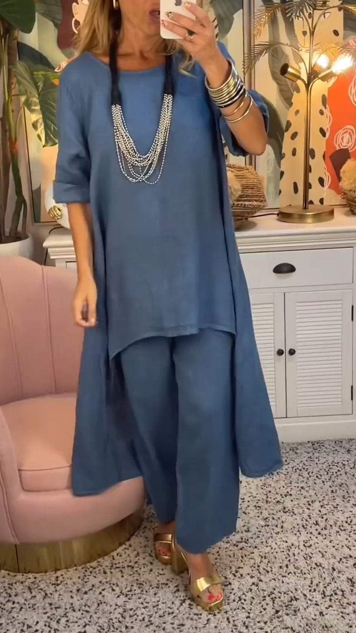 Melantha - Two-Piece Cotton and Linen Set with Round Neckline and Long Sleeves