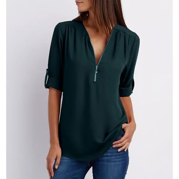 Quelina - Loose-Fitting 3/4 Sleeve Zip-Up Blouse