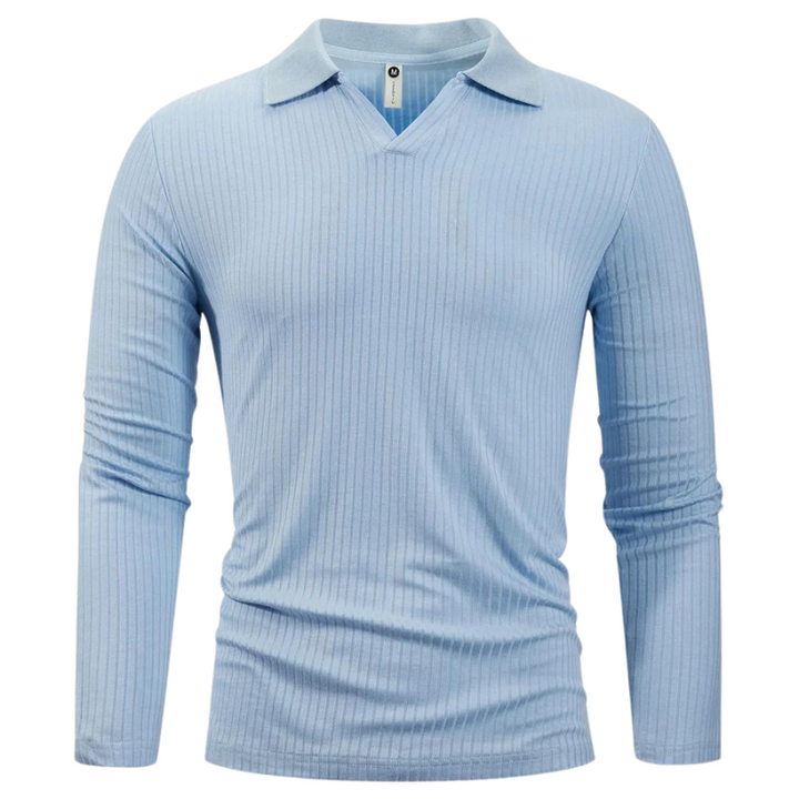Men's Ribbed Long Sleeve Polo | Lightweight Knit Top | Slim Fit Collar Style