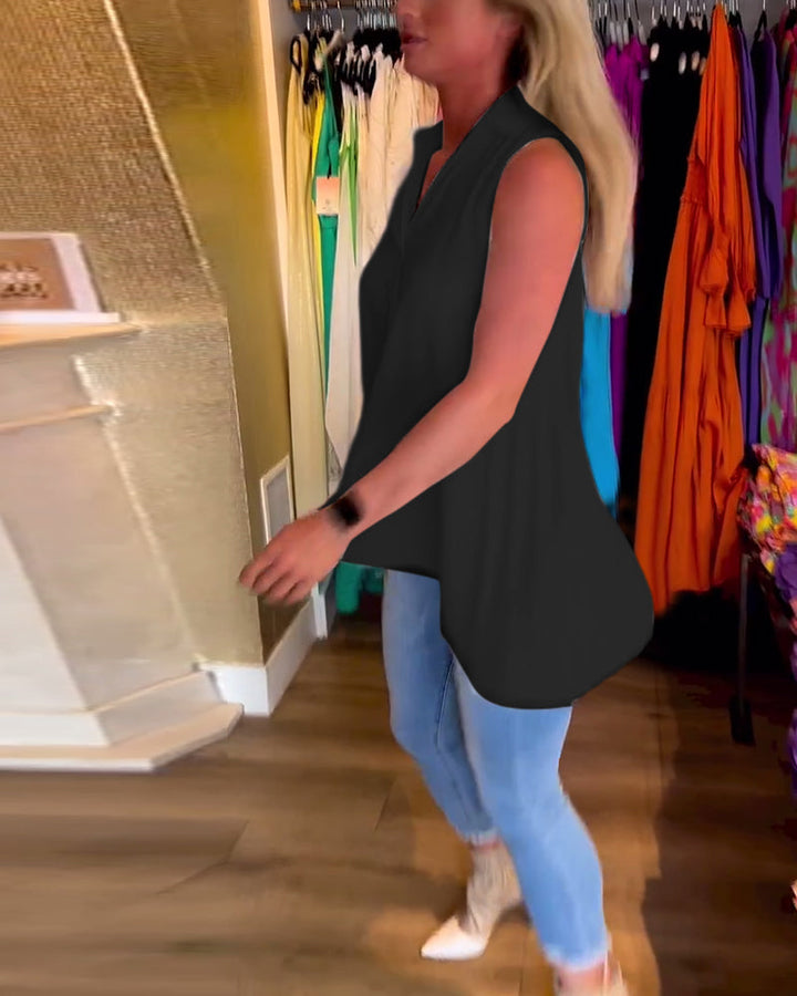 Tahliana - Sleeveless Top with Subtle Ruffles and Elegant Lapels