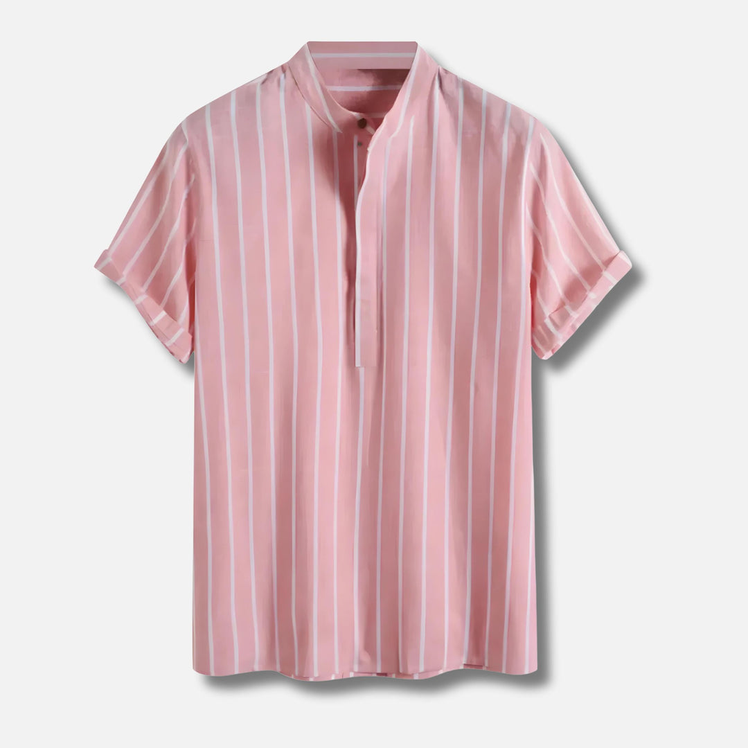 Striped Popover Shirt | Short Sleeve | Band Collar Lightweight Top