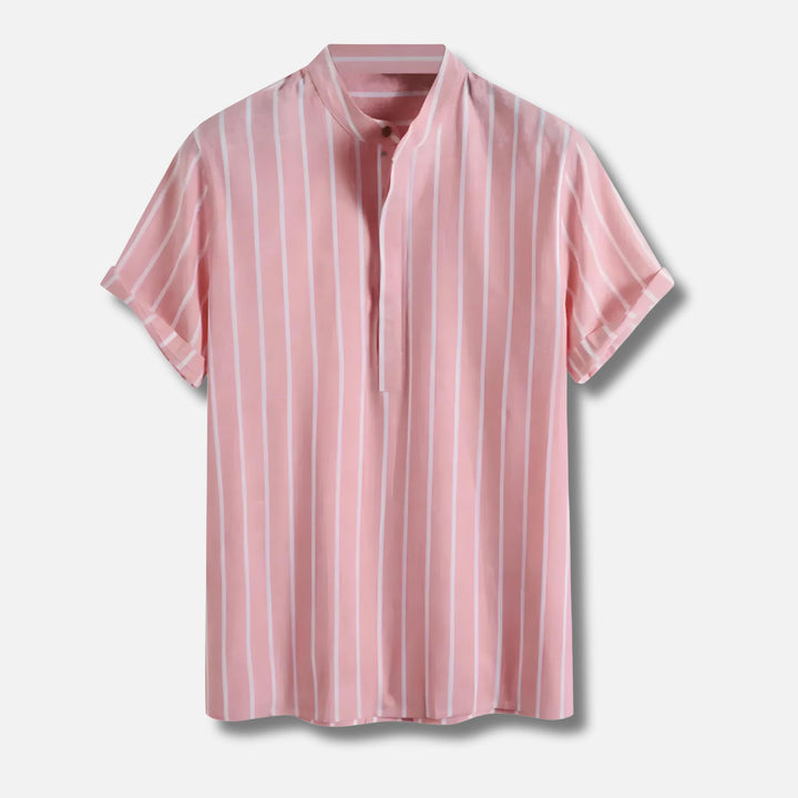 Striped Popover Shirt | Short Sleeve | Band Collar Lightweight Top