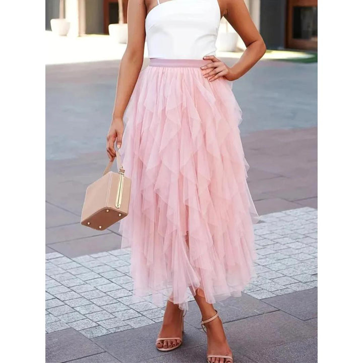Ruffled Tulle Midi Skirt | Layered Mesh Volume | Asymmetrical Hem