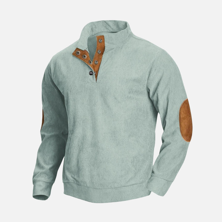 Pull en velours côtelé à col zippé pour homme | Empiècements en daim aux coudes | Vêtement d'automne mi-saison