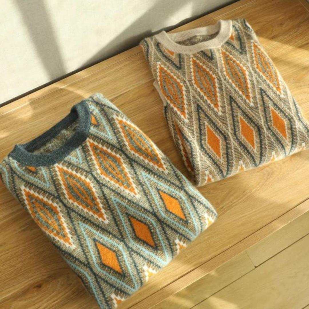 Men’s Retro Knit Sweater | Diamond Pattern Crewneck | Soft Midweight Pullover