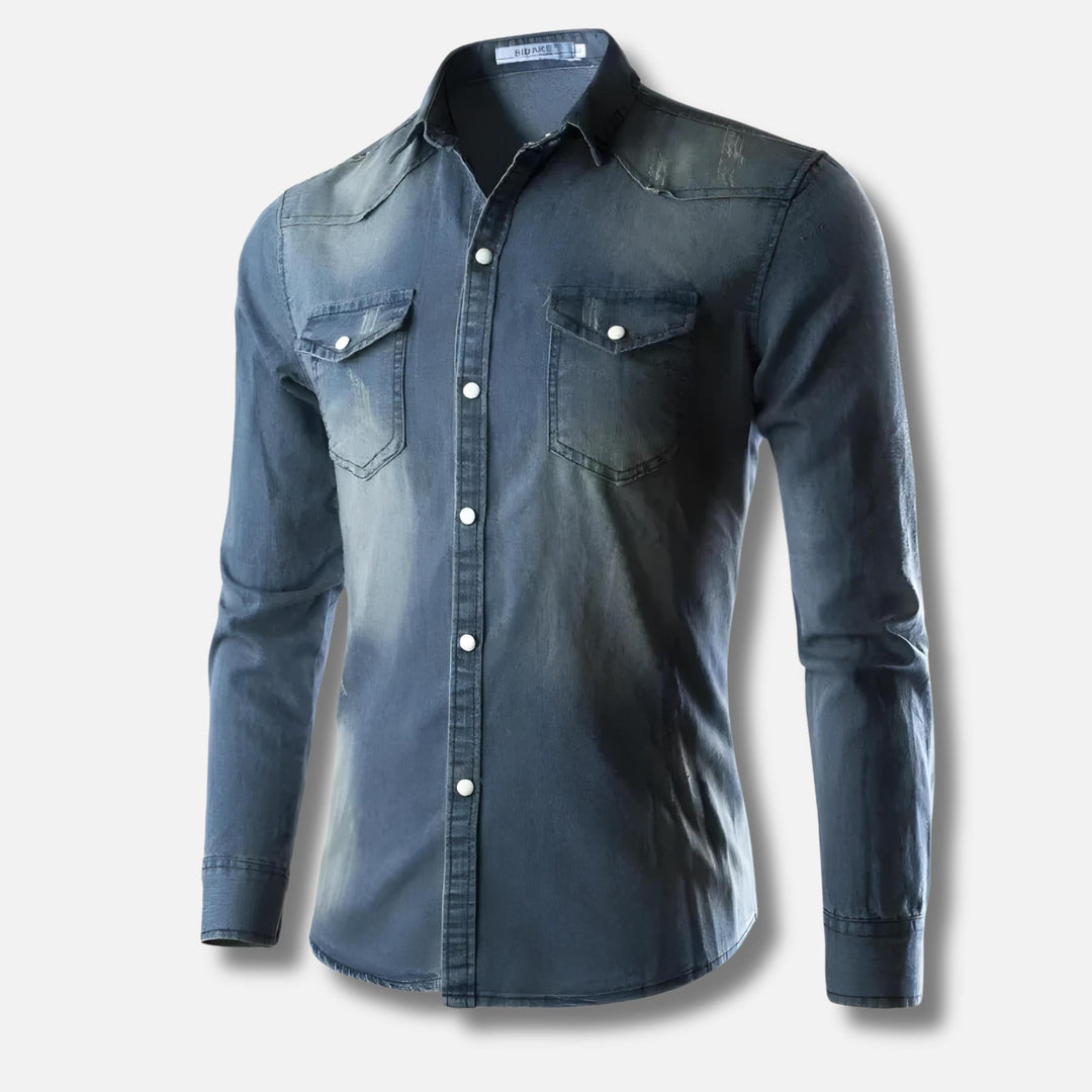 Men's Fitted Denim Shirt | Washed Stretch Cotton | Long Sleeve Western Style